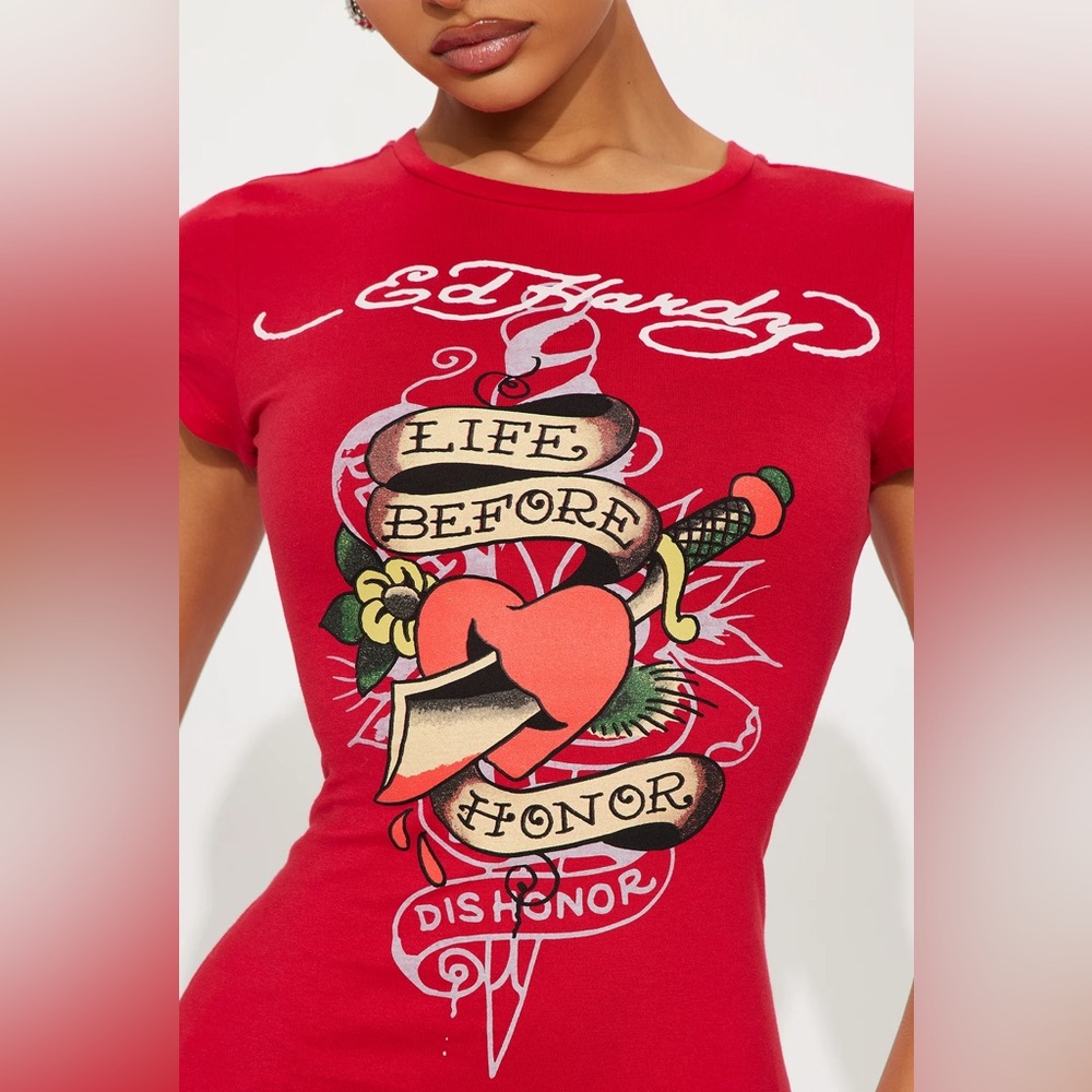 •Life Before Dishonor• Ed Hardy Graphic T-Shirt Mini Dress in Red - Picture 3 of 4
